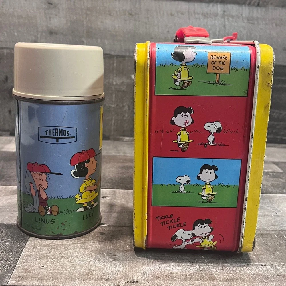 Vintage Peanuts Thermos Metal Lunch Box & Thermos Set Charlie Brown Snoopy 1970s